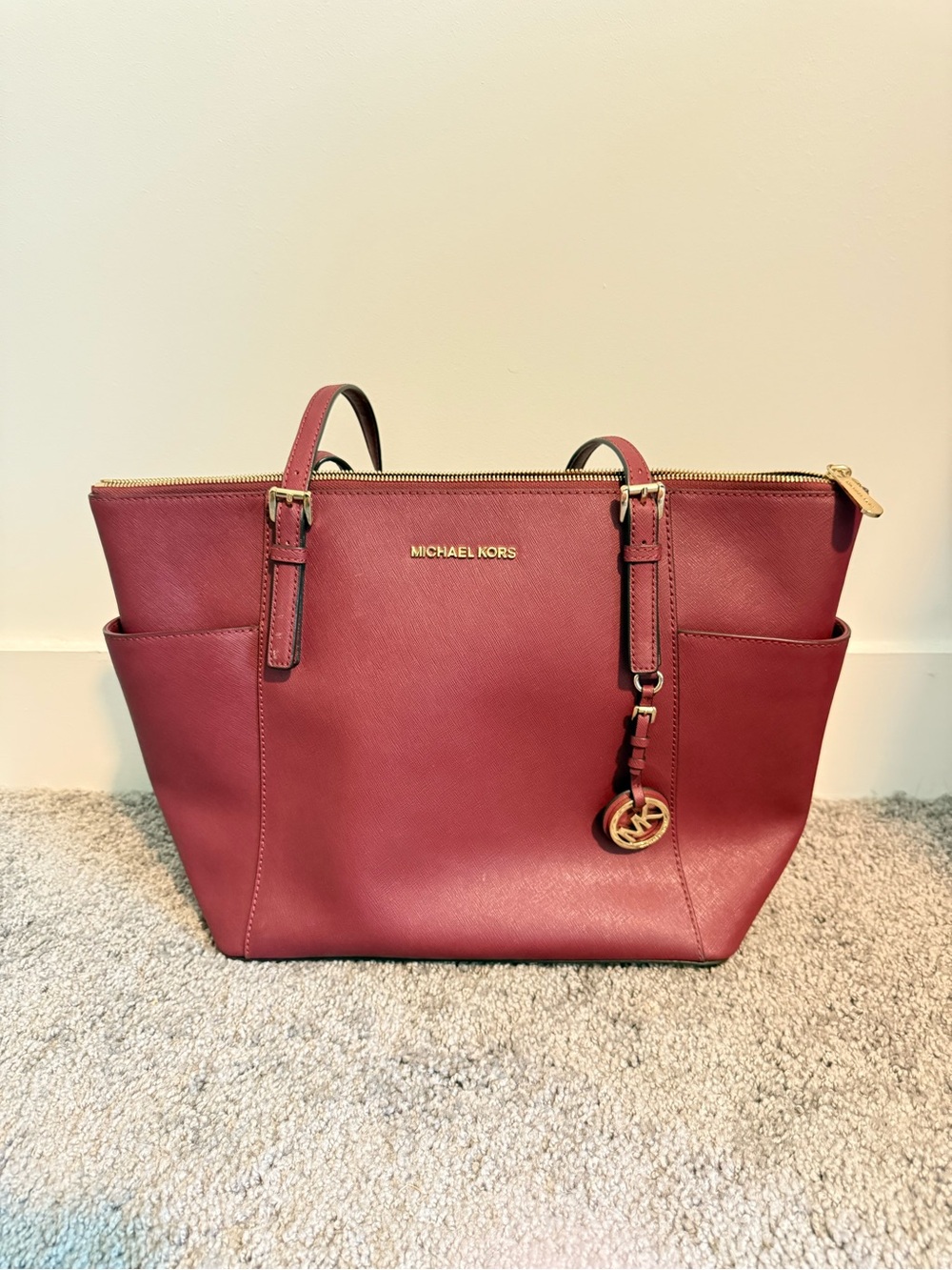 Michael Kors Deep Berry Saffiano Leather Tote with Gold Charm